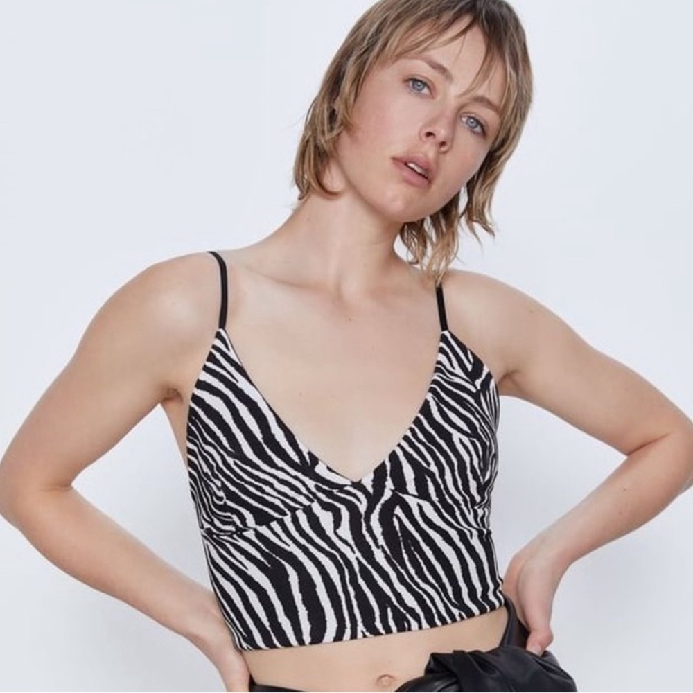 Zara Zebra Print V-Neck Cropped Tank Top Size Small